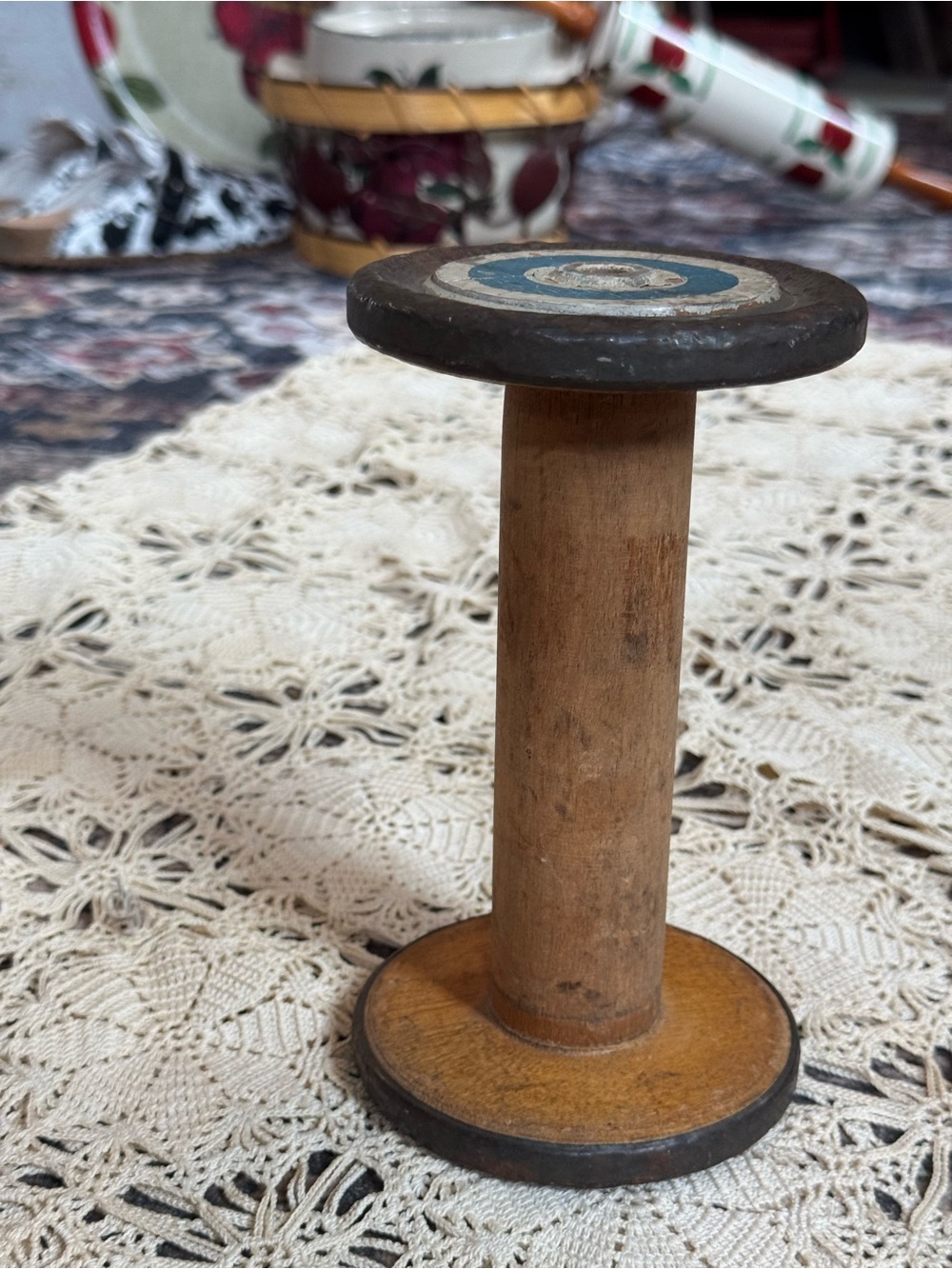 Vintage Brown Wooden Spool with Blue Accent